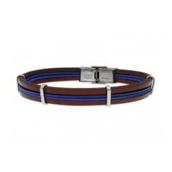 PULSERA ACERO Y PIEL AZUL Y MARRON