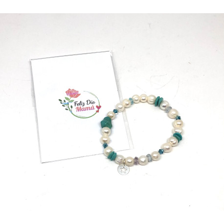 PULSERA PLATA MAMA PERLA Y TURQUESA